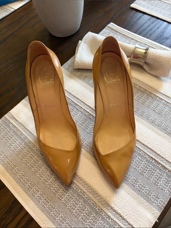 Shoes - Christian Louboutin Camel Patent Pointed-Toe Stiletto Pumps with Red Soles 100mm